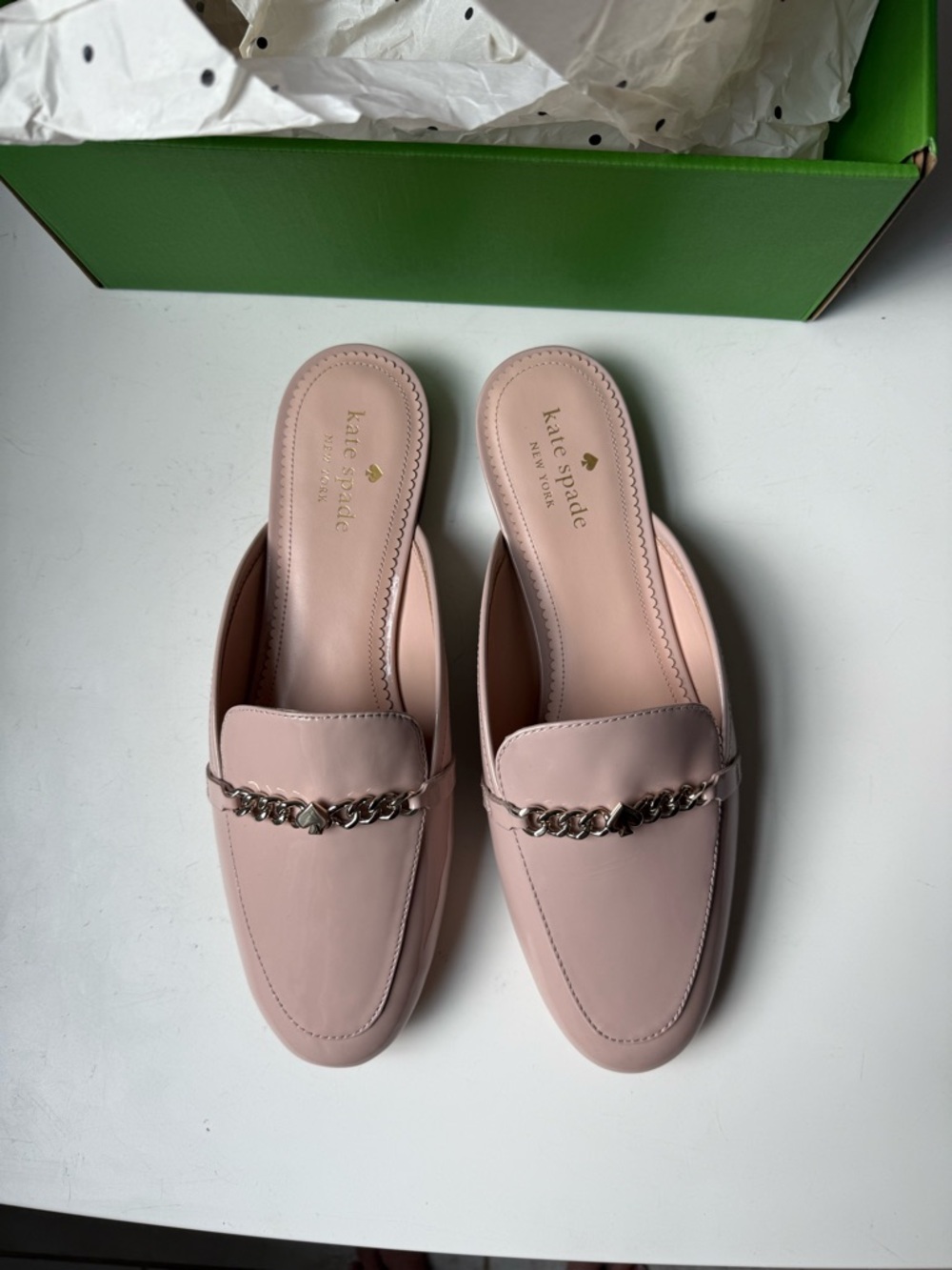 kate spade Pale Pink Chain-Trim Slip-On Mules